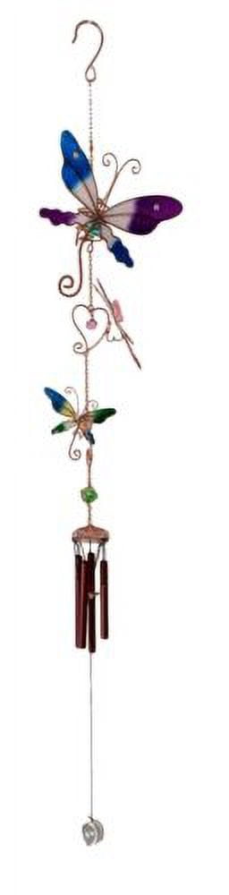 Stained Glass Colorful Three Butterflies Copper Metal Wind Chime 40"Long Decor