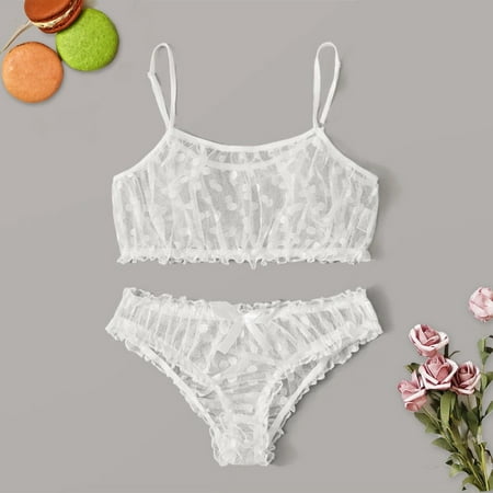 

Womens Underwear New Women Dot Mesh Bra Bowknot Underpants Sleepwear Black Lingerie Set S-Xl Underwear For Women White S