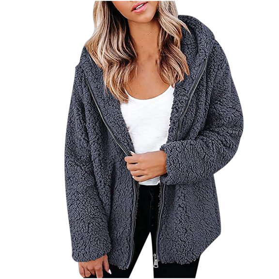 KIHOUT Women's Long Sleeve Warm Jacket Deals Women Charming Solid Double-Sided Velvet Jacket Pocket Crop Workout Long Sleeve Lapel Loose Thick Hooded Casual Coat Tops Outwears