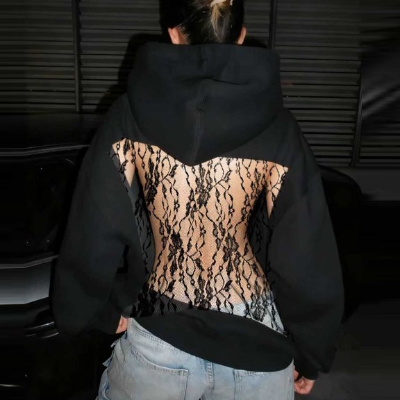 Women's Hoodies Ndbuld Women's Long-Sleeve Lace Hollow-Out Open Back Mesh Oversized Hoodie Fashion Sweatshirt Top Black XS
