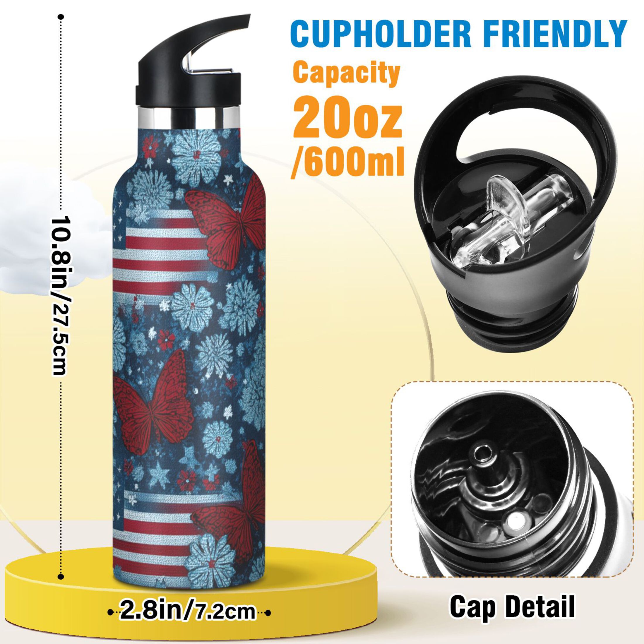 Kids Insulated Stainless Steel Sports Water Bottle 600ml (20oz) Red Butterflies and Flags