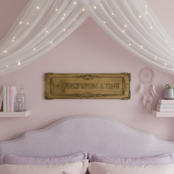 American Art Decor "Once Upon A Time" Ornate Embossed Gold Metal Wall Decor - Vintage Style Hanging Sign, 9" x 30" - Whimsical Storybook-Inspired Home Accent