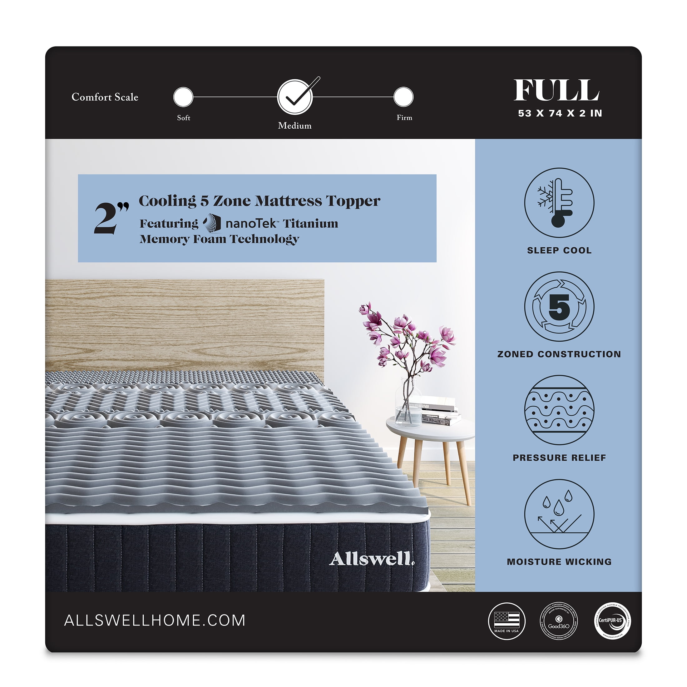 Allswell 2" 5-Zone Cooling Titanium Memory Foam Mattress Topper, Full