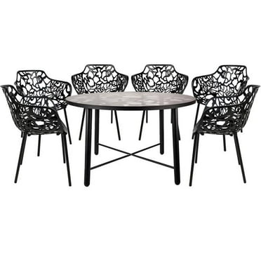 28.35 x 47.25 x 47.25 in. Devon Mid-Century Modern 7 Piece Aluminum Outdoor Patio Dining Set with Tempered Glass Top Table & 6 Stackable Flower Design Arm Chair, Black