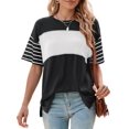 thumbnail image 3 of Womens Summer Oversized 2025 Crewneck Casual Color Block Striped Shirts Blouses Black M, 3 of 9