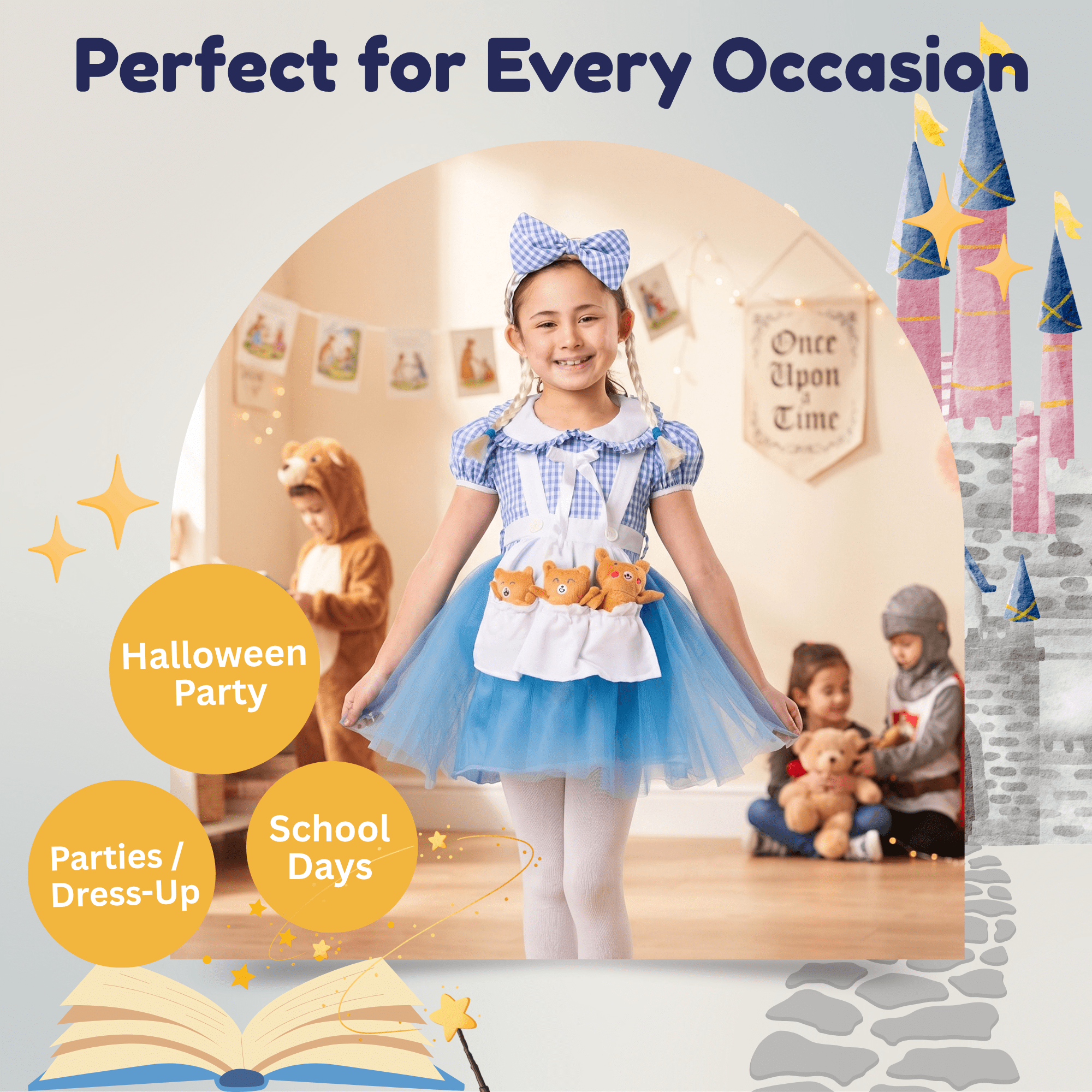 blue goldilocks dress Girl Costume with Apron 3 Bears & Headband, Style:Skirt only But Halloween BFCM25SOLDOUT Light Blue Floral Layers