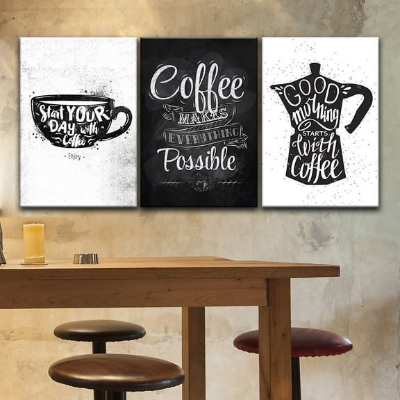 wall26 3 Panel Canvas Wall Art - Hand Drawn Coffee Art in Black and White - Giclee Print Gallery Wrap Modern Home Art Ready to Hang - 16"x24" x 3 Panels