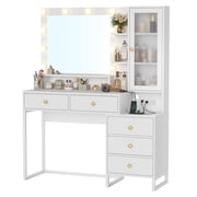 Afuhokles Vanity Table with Lighted Mirror and Charging Station, Makeup Table Vanity Dresser with 10 LED Light, 5 Drawers White