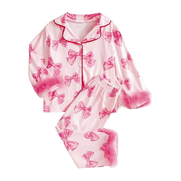 Otqutp Toddler Baby Girl Fashion Satin Pajamas Set Feather Print Button Down Sleep Shirt Top Pants Bottoms Sleepwear Loungewear Set(1-Hot Pink,5-6 Years)
