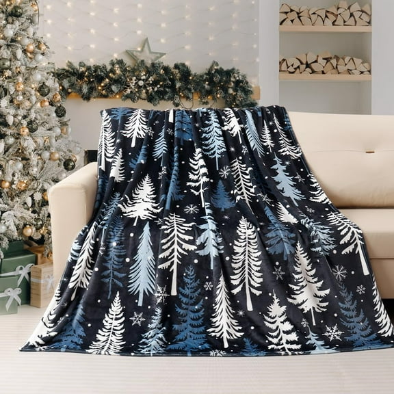 Christmas Blanket Winter Snowflake Christmas Tree Blankets Ultra Soft Farmhouse Pine Tree Flannel Fleece Warm Cozy Holiday Fuzzy Plus Gift Cabin Blanket for Bed Sofa, 50" X 60"