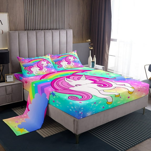 Erosebridal Unicorn Fitted Sheet Starry Sky Sheet Set,Cartoon Magical Animal Bed Sheets Cute Dreamy Horse Top Sheet Queen,Princess Little Rainbow Unicorn Decor Kawaii Room Decor