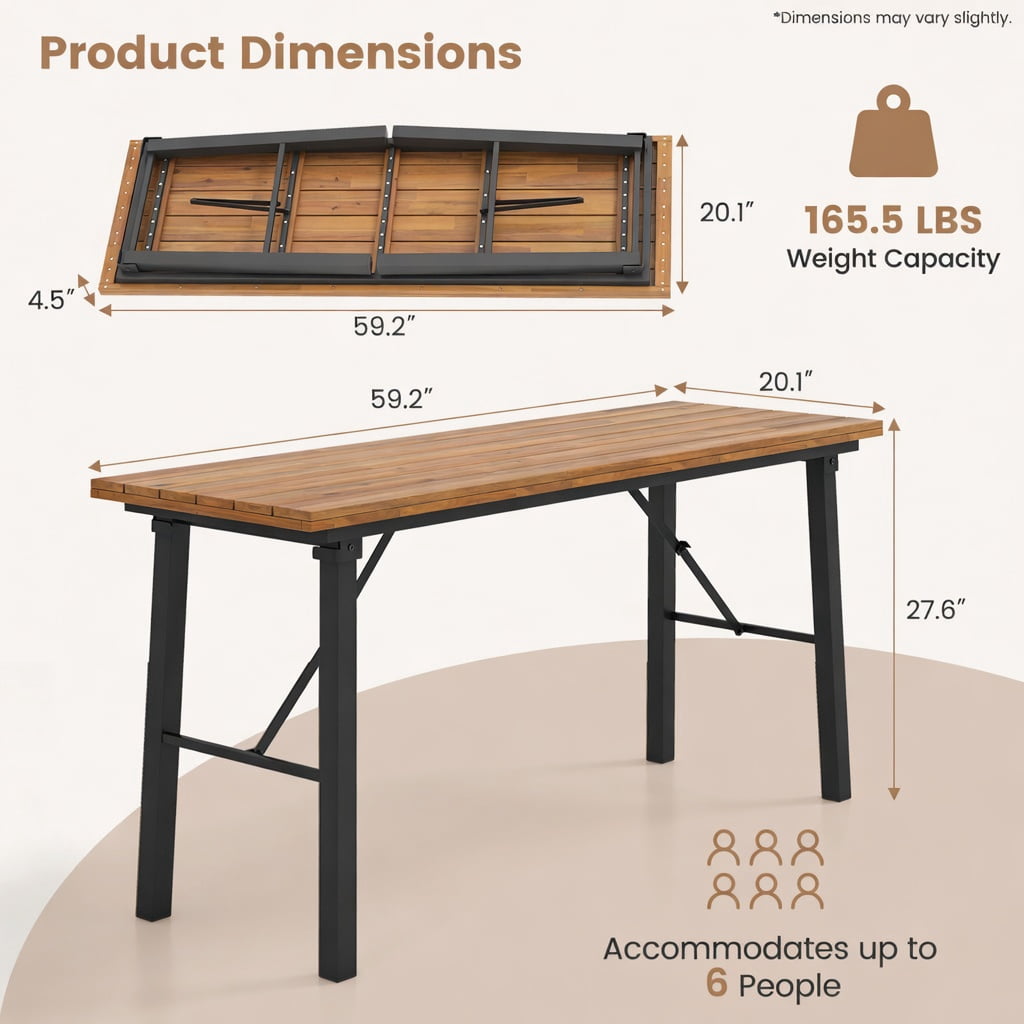 Hommoo Acacia Wood Folding Picnic Table with Rust-Resistant Metal Frame, Compact Outdoor Dining Table for 6, Indoor/Outdoor Use, Natural
