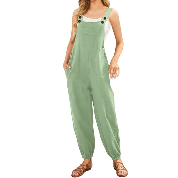 JFGHDG Women Cotton Linen Adjustable Button Bib Overalls Chest Pocket Elastic Cuff Jogger Long Jumpsuit Mint Green L