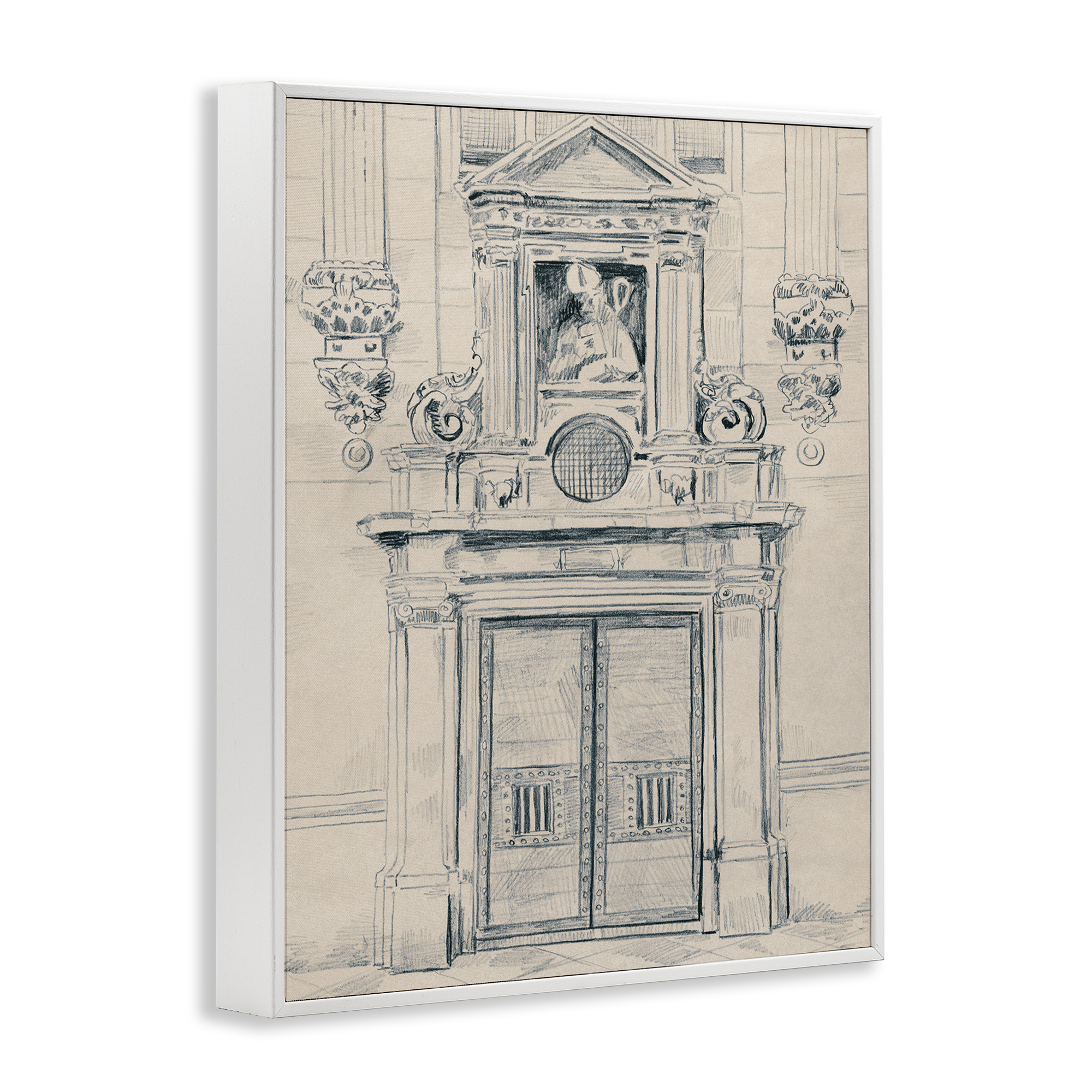 Stupell Industries Detailed Architecture Door Town & City Drawing White Framed Art Print Wall Art, 24 x 30