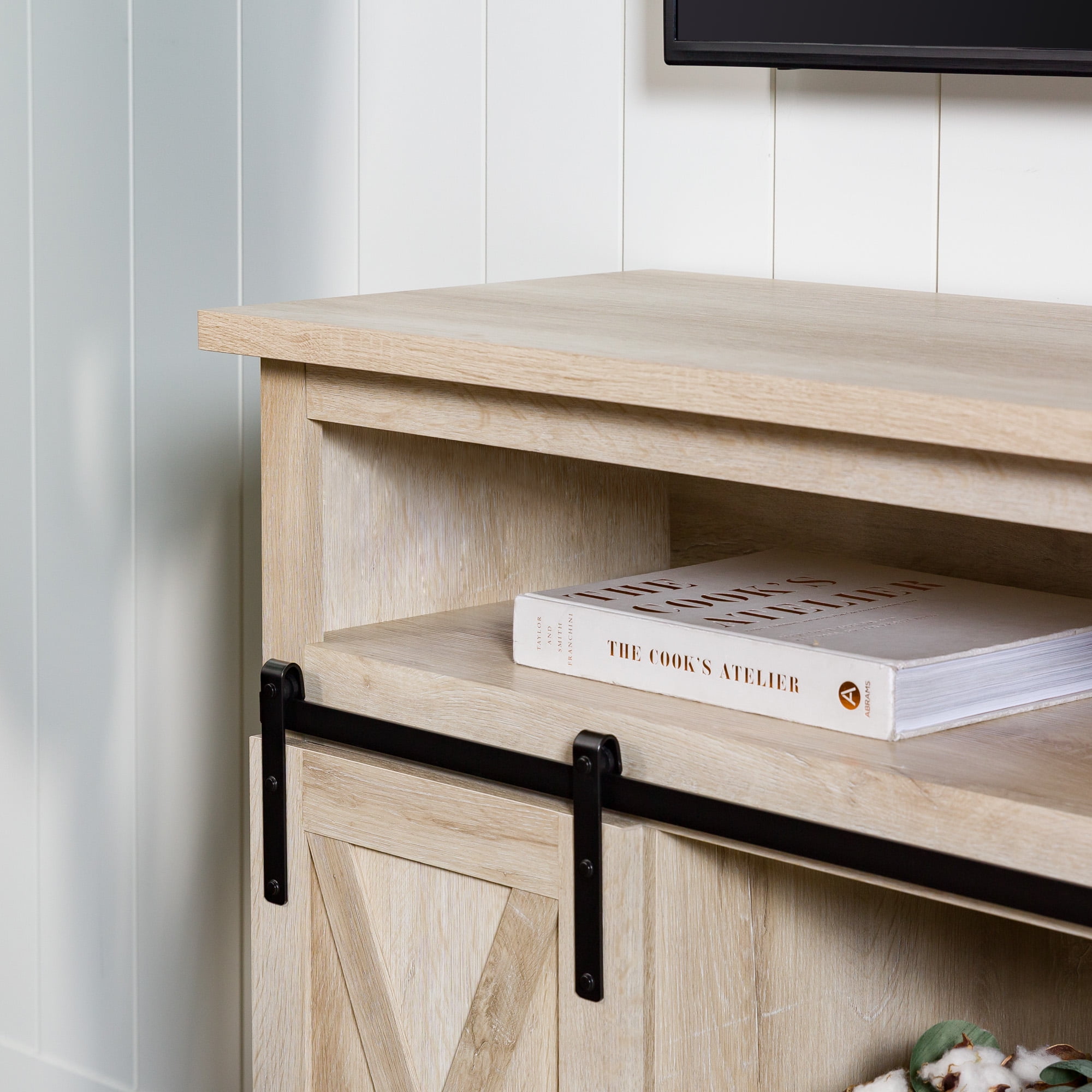 Woven Paths Farmhouse Barn Door TV Stand for TVs up to 60", White Oak