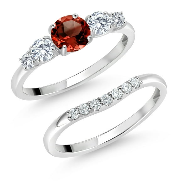 Gem Stone King 10K White Gold Red Garnet and White Lab Grown Diamond 5 Stone Bridal Engagement Wedding Ring Set for Women (1.31 Cttw, Round: 5MM and 3MM, Size 6)