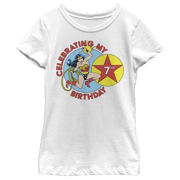Girl's Wonder Woman Celebrating my 7th Birthday Graphic Tee White Medium