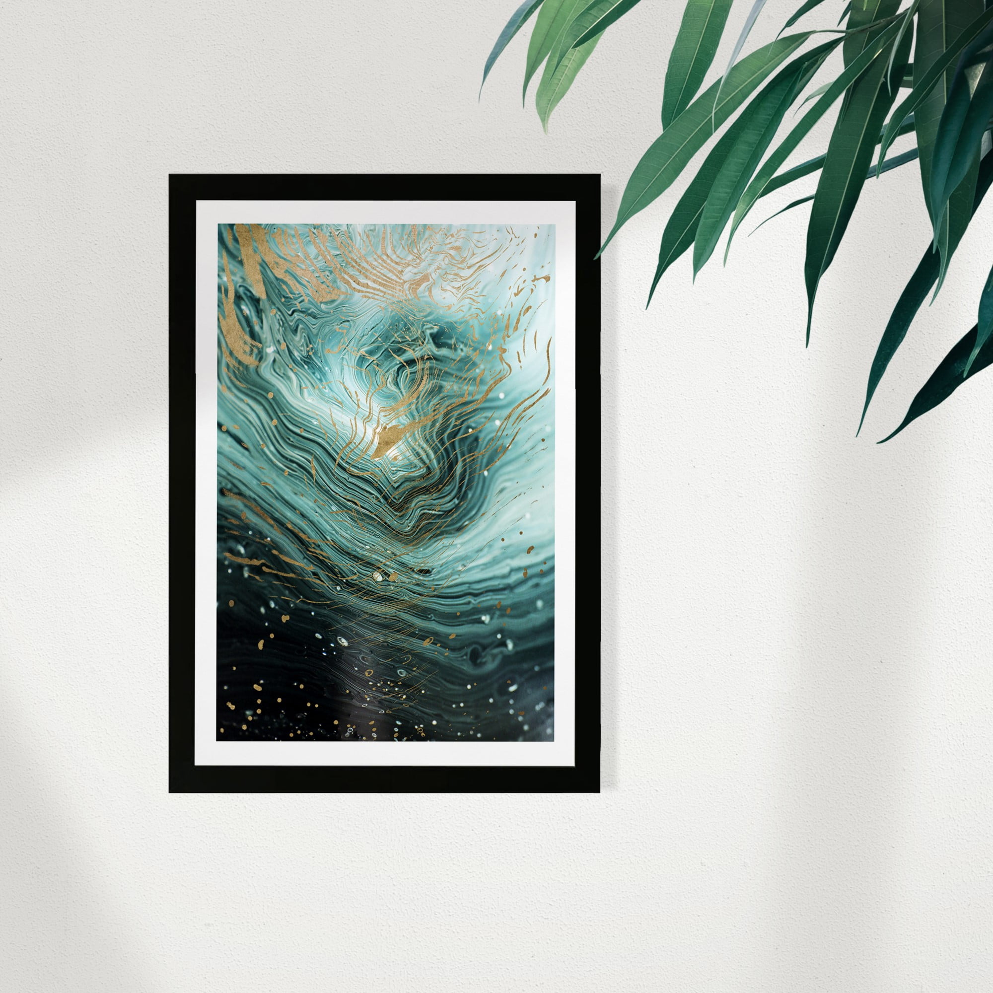 Wynwood Studio Abstract Framed Wall Art Prints 'Agate En Mint' Crystals Home Décor - Green, Gold, 13" x 19"