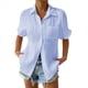 thumbnail image 1 of Camisa Estilo Boyfriend A Rayas Fruncidas para Mujer, Blusa Informal con Cuello Corto, Mangas y Botones, con Bolsillo, Azul, Talla 4XL, 1 of 7
