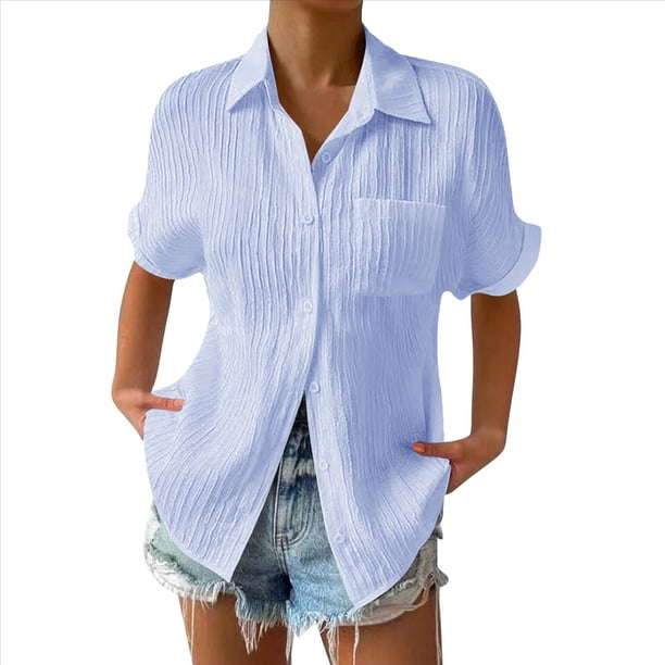 Camisa Estilo Boyfriend A Rayas Fruncidas para Mujer, Blusa Informal con Cuello Corto, Mangas y Botones, con Bolsillo, Azul, Talla 4XL