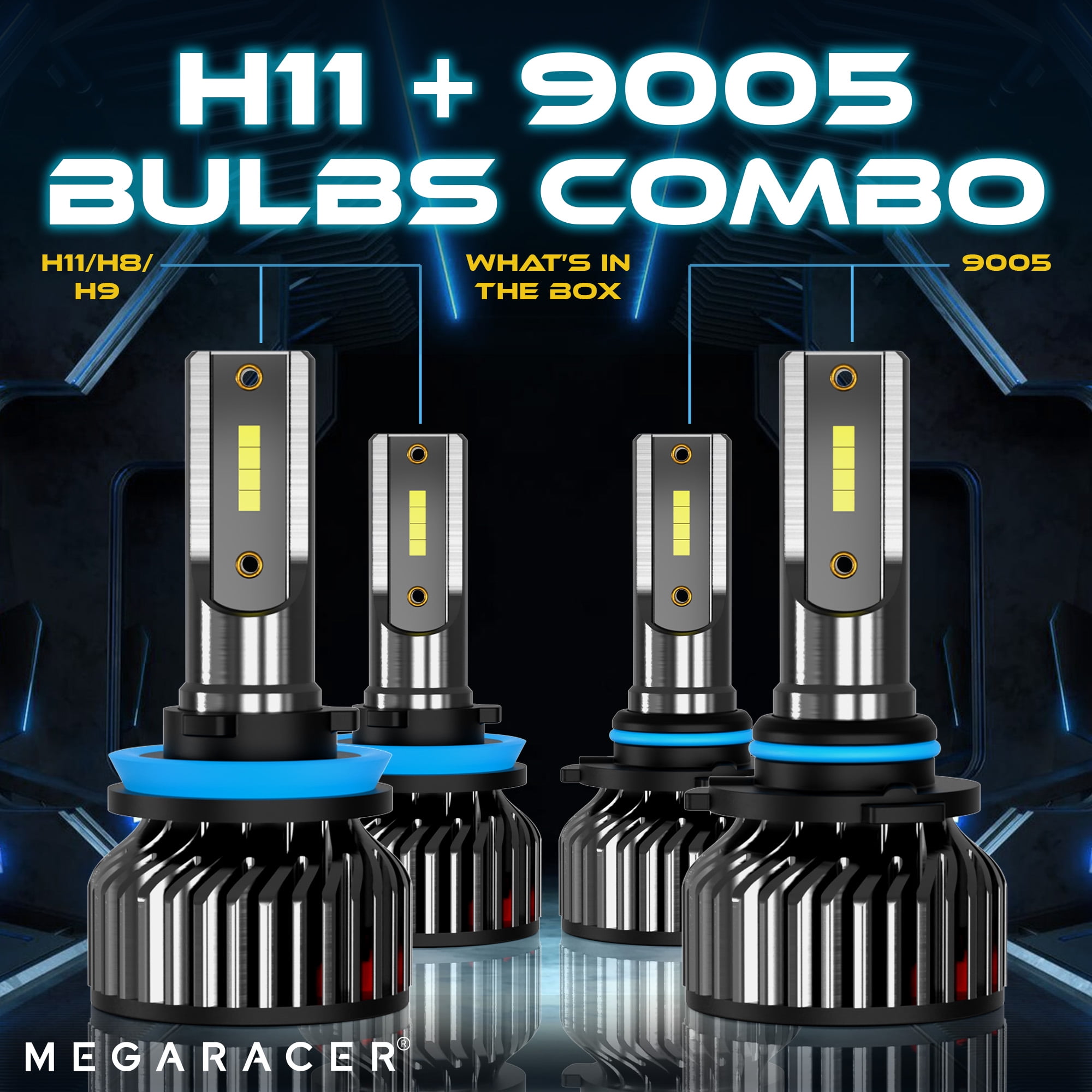 Mega Racer H11 9005 LED Headlight Bulb Combo 4 PACK - 6000K Bright White 12V 60W 16000LM - High & Low Beam Replacement Car Bulbs