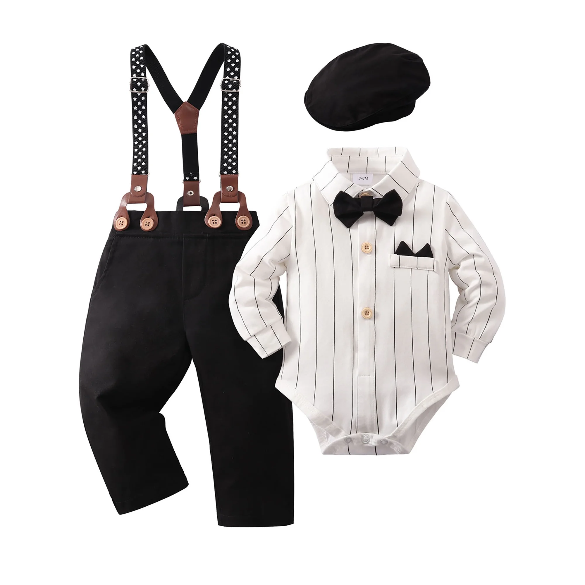 CARETOO Baby Boy Clothes Infant Formal Dress Outfit Set Romper Shirt Bowtie Beret Suspender Trousers 0-24M 4Pcs Church Wedding Baptism Suit Cotton Fabric