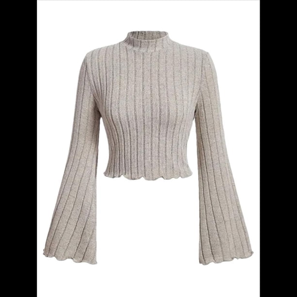 Camiseta Informal de Larga Acampanada con Cuello Alto y Punto Acanalado para Mujer Caqui L