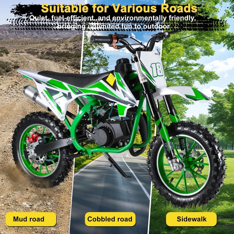 Seipouy 49cc 2-Stroke Dirt Bike, Gas Dirt Bike for Kids, Off Road Mini Motorcycle, Pocket Motorbike with Front Rear Disc Brakes, Racing Max Speed 40KM/H