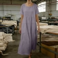 thumbnail image 4 of FRSASU Robe en Coton et Lin Femme à Manches Courtes Col Rond Robe Maxi Bohème Décontractée Été Modeste Longue Fluide Plage Vacances Robes Violet G(L), 4 of 5