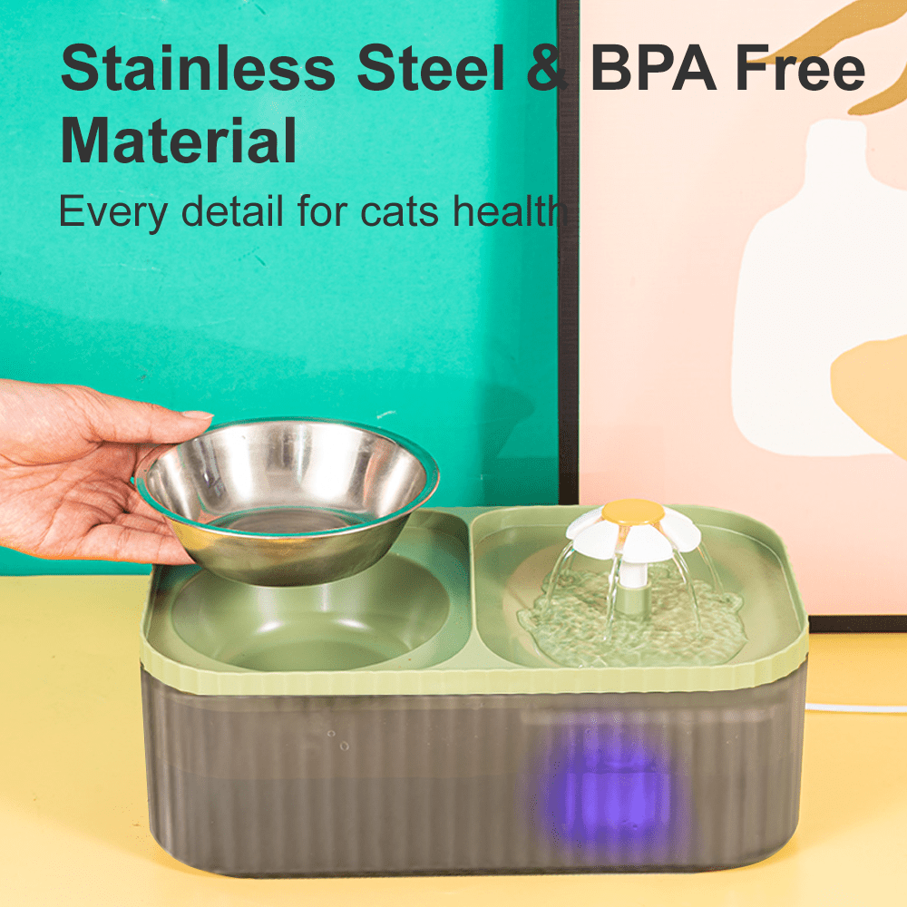 Marchul 3L Cat Water Fountain & Food Bowl, Automatic Pet Water Dispenser with Stainless Steel Cat Bowl Set, BPA-Free, 3 Replacement Filters, Green