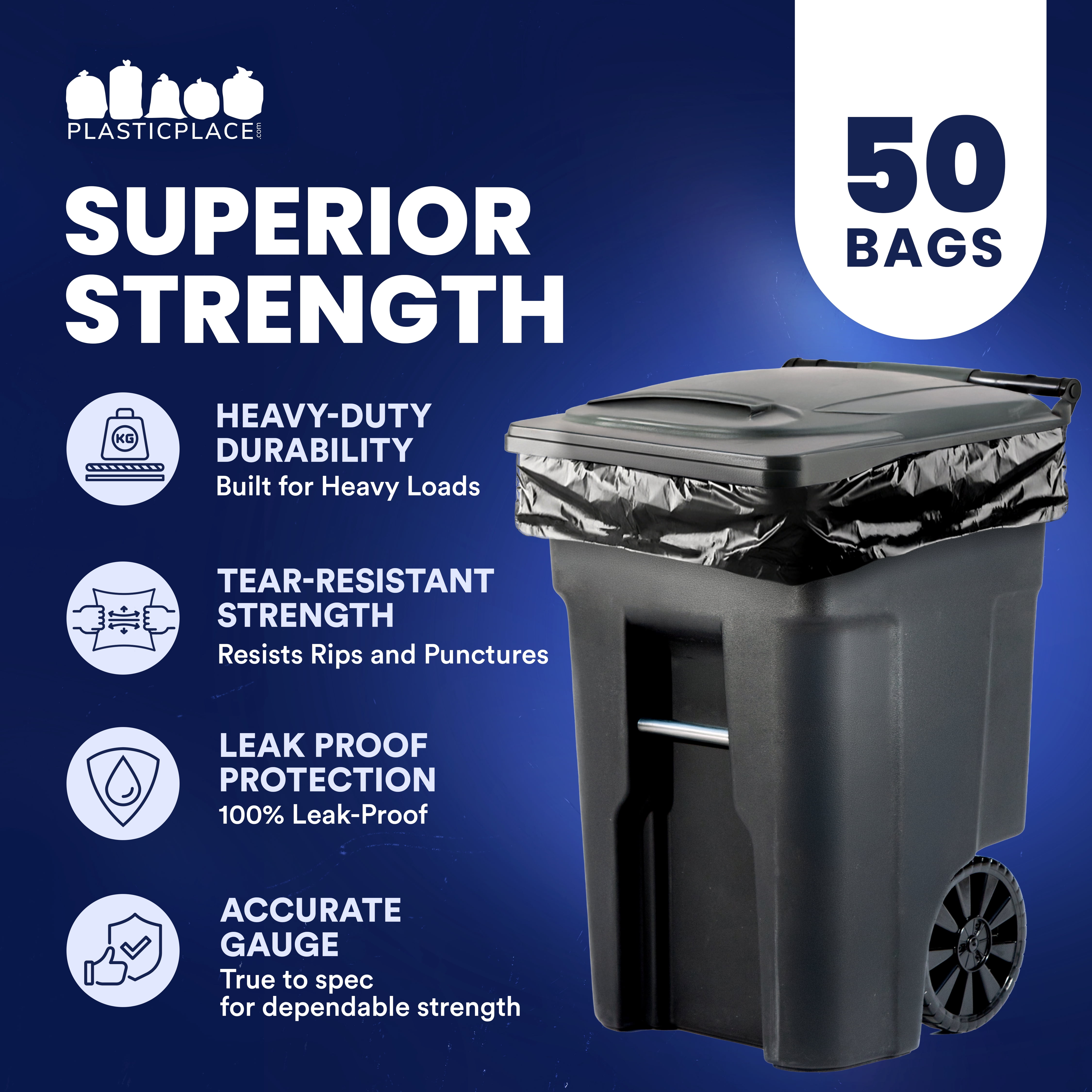 Plasticplace 95-96 Gallon Trash Bags │ 2.0 Mil │ Black Heavy Duty Garbage Can Liners │ 61” x 68” (50 Count)