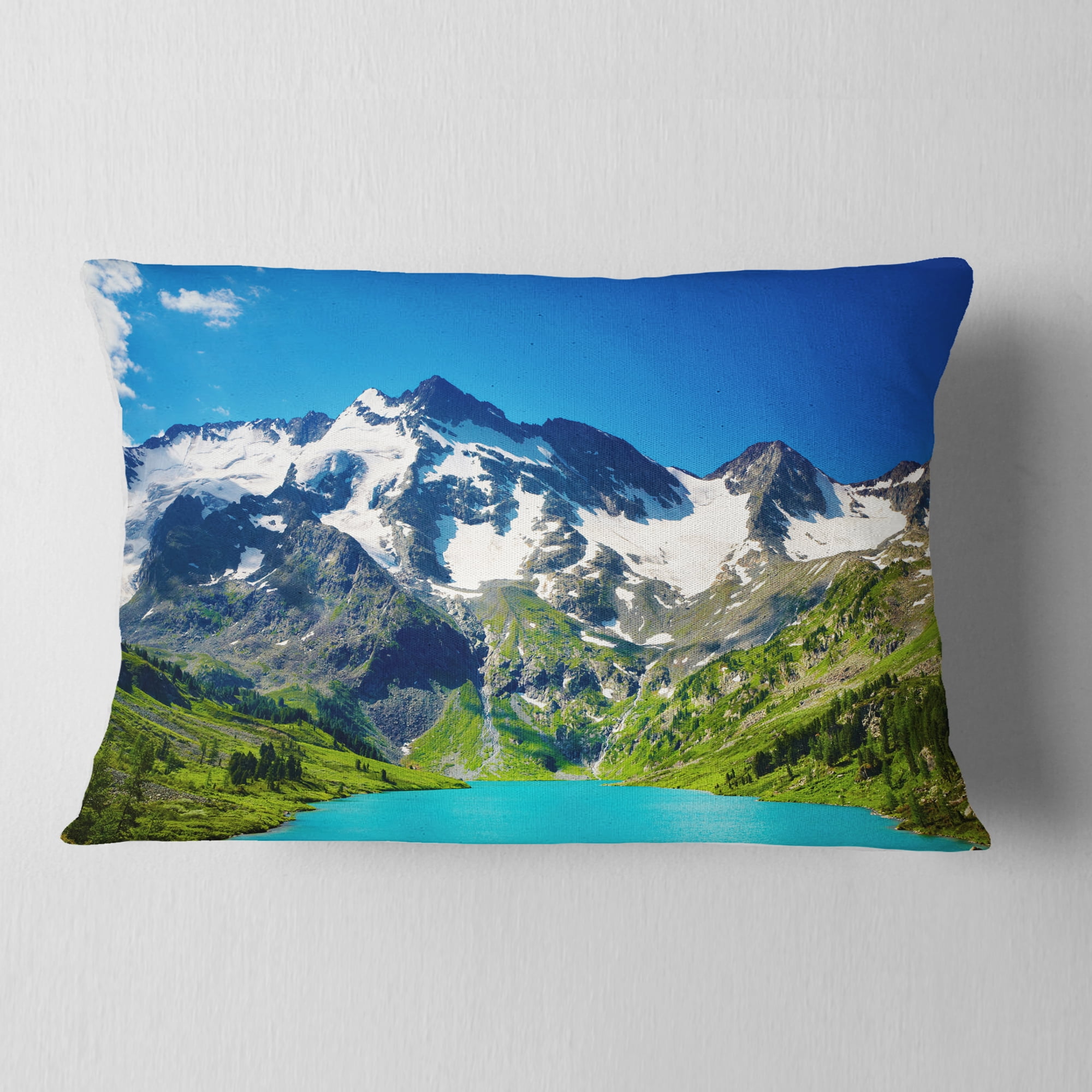 Designart Green Mountain Lake - Photography Throw Pillow - 12x20