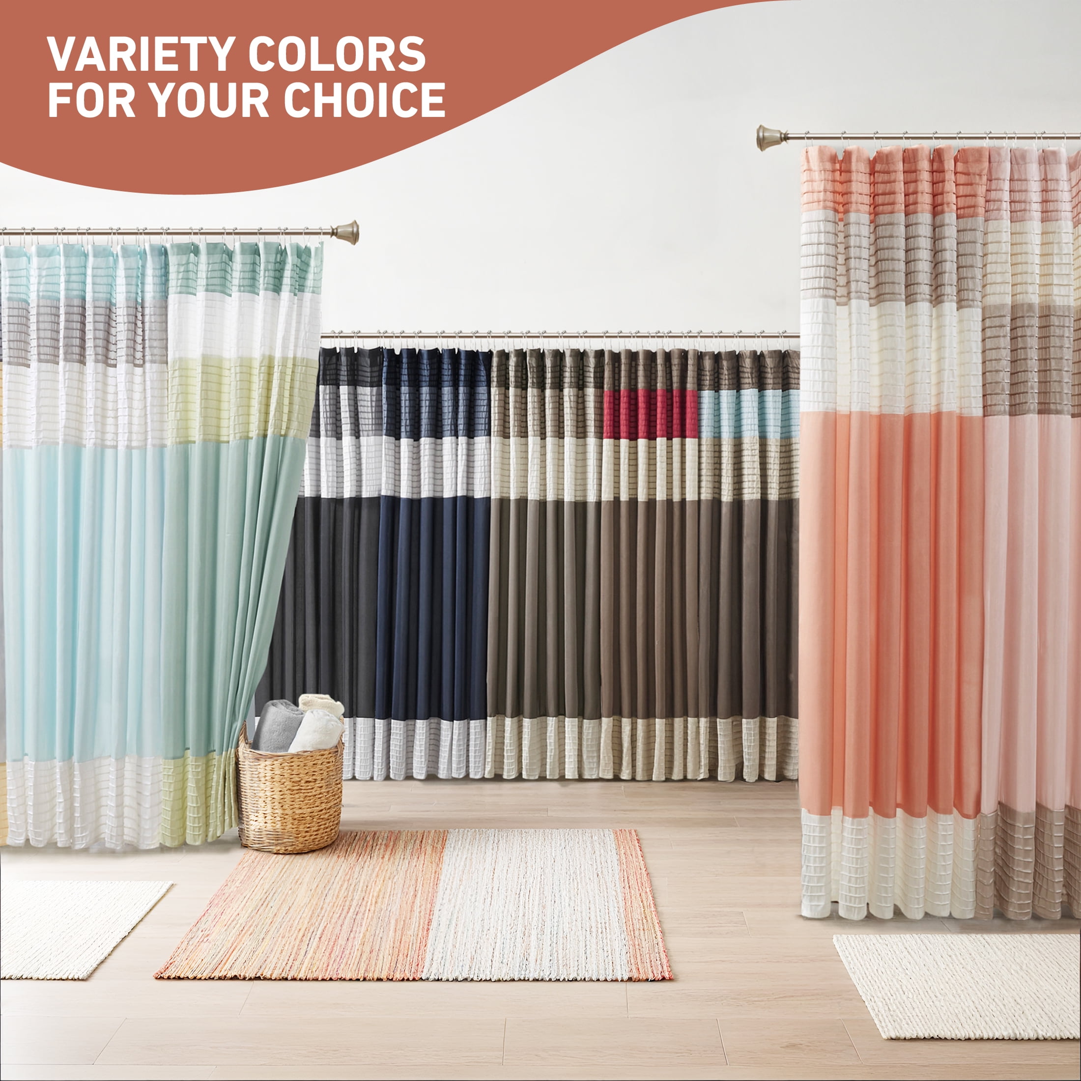 Madison Park Blue/Brown Faux Silk Shower Curtain, Striped Lightweight Bath Curtain Decor, Brown Curtain for Bathroom, 72"x72"