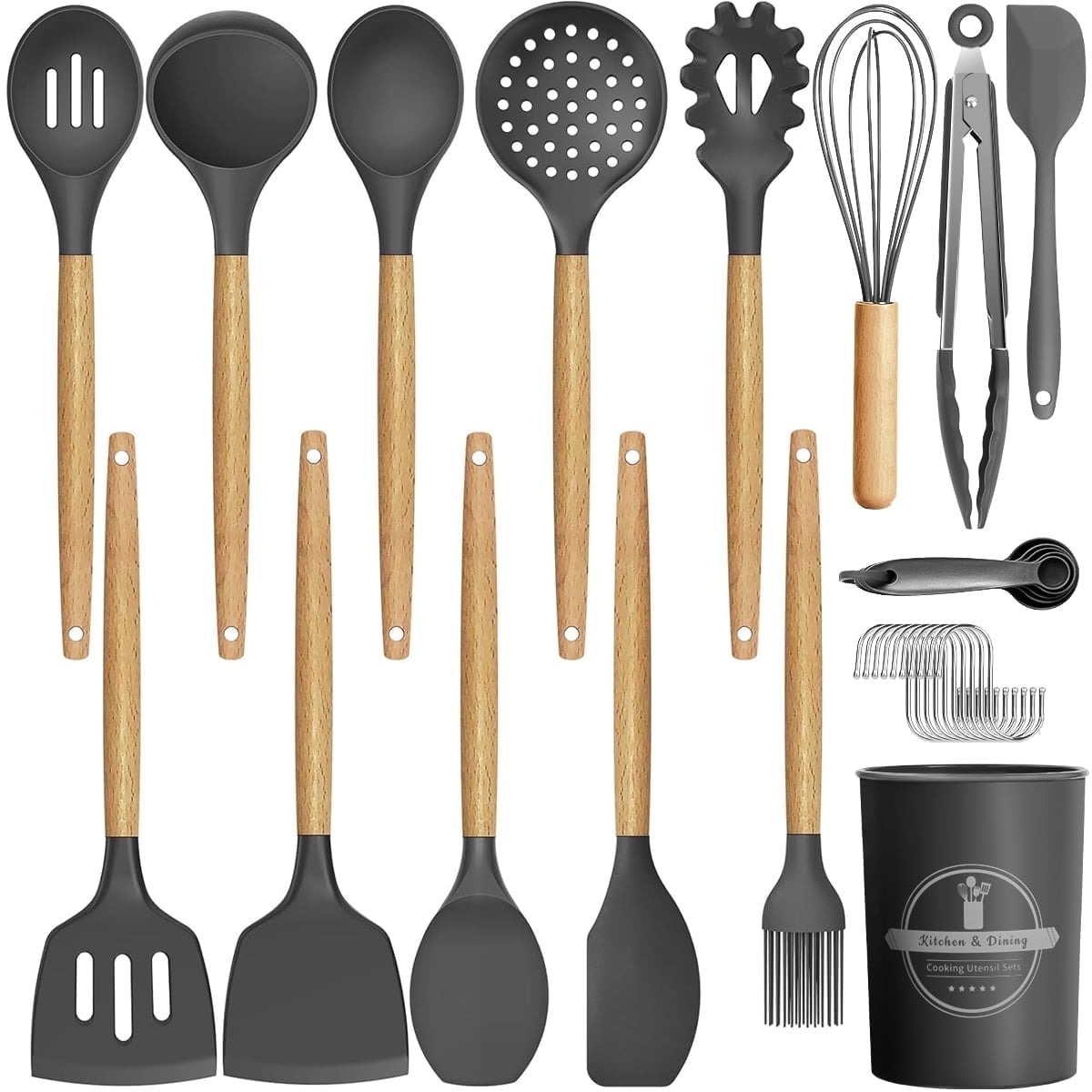 GPED 29 Pcs Silicone Kitchen Utensil Set, Cooking Utensils Set with Wooden Handle, Food Grade Silicone Spatula Set, BPA-Free, 446°F Heat Resistant Kitchen Gadgets Tools Set, Gray