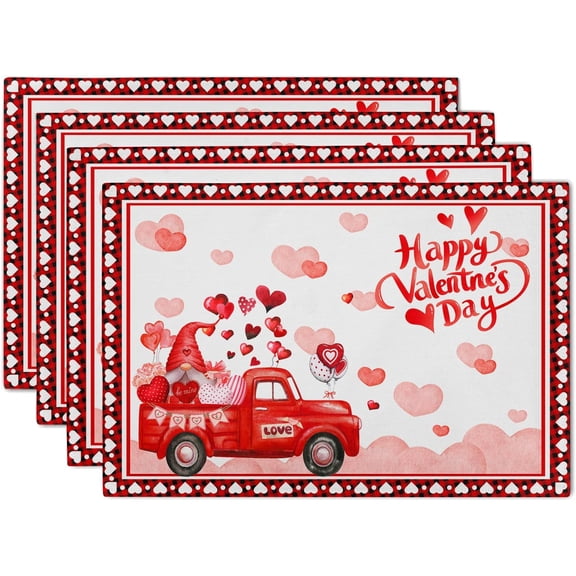 Valentines Day Placemats Red Truck Love Heart Placemats Set of 4 Cute Gnome Place Mats for Kitchen Dining Party Table Home Decoration Size 18x12 in