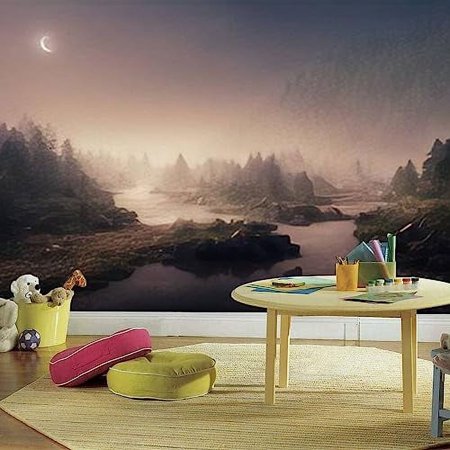 3D Modern Canvas Wallpaper Mural Dark fantasy forest River forest stones shore Moonlight night forest Peel and Stick Removable Self Adhesive Wall Stickers for Living Room Kids Bedroom Home Decor