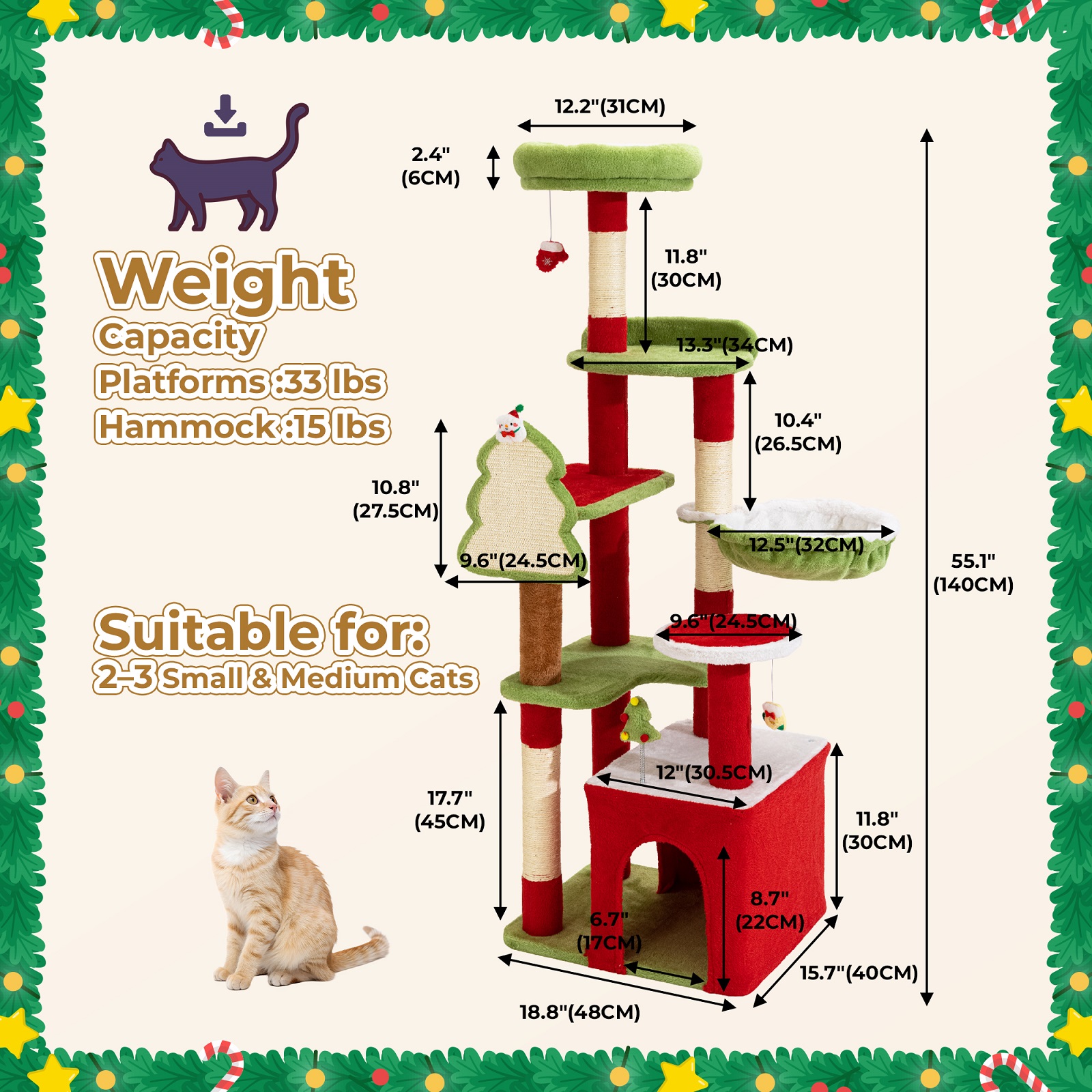 PERIMIDOME 55” Large Cat Tree Tower for Indoor Cats, Multi-Level Cat Furniture with Condo, Hammock & Scratching Posts, Christmas Edition