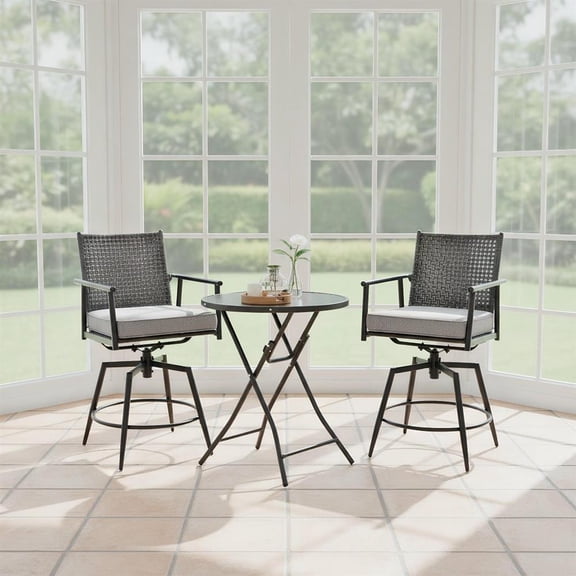 Topcobe 360 Degree Swivel Bar Stool Set of 2 with Metal Frame and PE Rattan Backrest, Outdoor Patio Furniture for Balcony Garden Backyard-Black