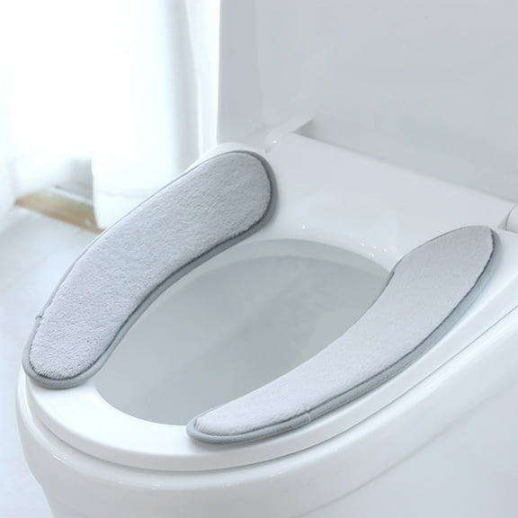 VOTRUDI 2 Pack Adhesive Toilet Seat Cover - Thickened Faux Rabbit Fur Washable Reusable Non-Slip Warm Winter Toilet Seat Pad, Gray Bathroom Decor