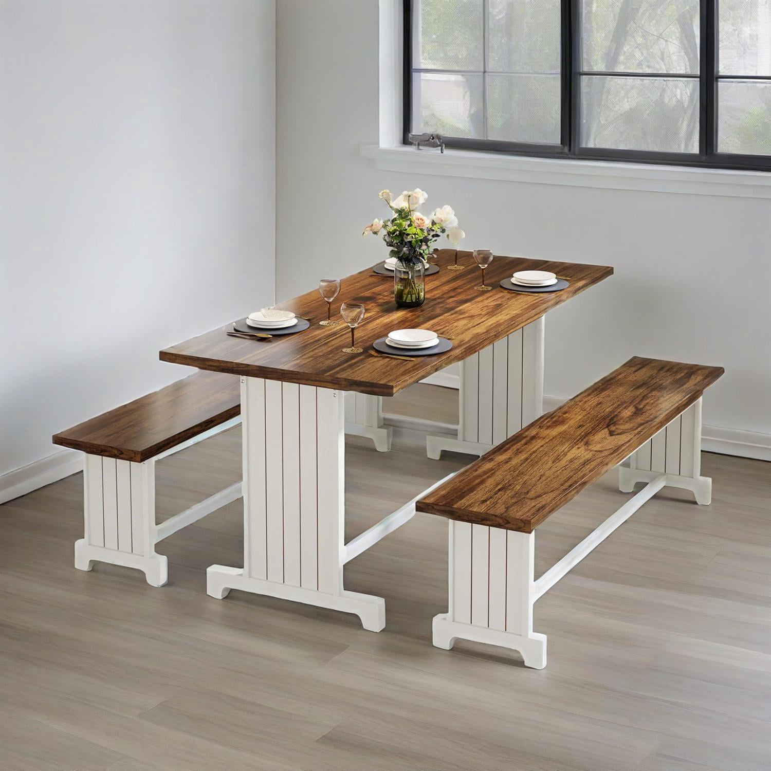 Dining Table and Chair Set, 3-Piece Farmhouse Kitchen Table with 2 Benches, 52.76 in Length, White Brown