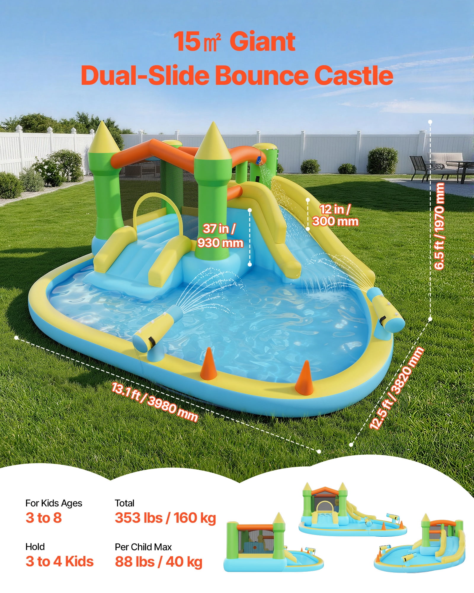VEVOR Inflatable Bounce House, 12.5 x 13.1 x 6.5 ft Inflatable Bounce House Water Slide, Bouncer Castle with Castle Bounces, Basketball Hoop, Splash Pool & Water Ring Toss,for 3 to 4 Kids Ages 3 to 8