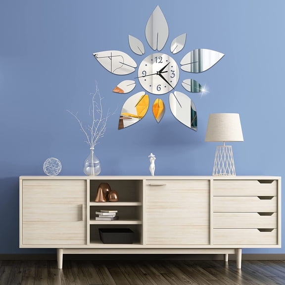 JUMRHFAN Modern Flowers Digital 3D Large Wall Clock Mirror Stickers, Self-Adhesive Acrylic Crystal Decals, DIY Silent Petal Combo Art Clocks Decoration for Home Apartment Office (Silver)