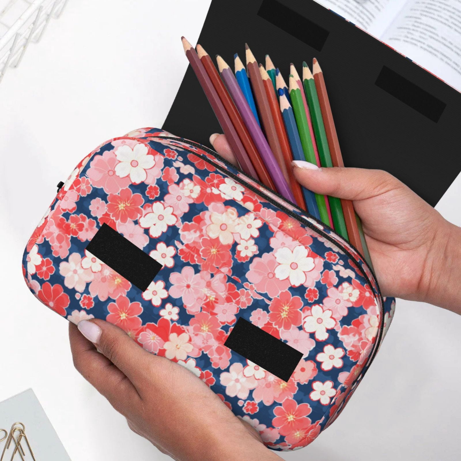 Rateoe Japanese Cherry Blossoms Pattern Double Clamshell Pen Case, Storage Organizer with Two Zipper Compartments– Holds Up to 50 Pencils & Pens