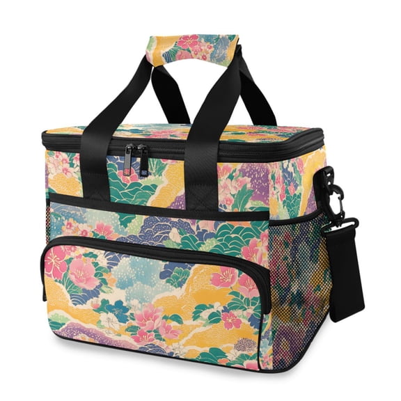 FORMRS Insulated Cooler Bag 24 Cans Capacity Soft Leakproof Lunch Box with Side Pockets, Yellow Floral Wave