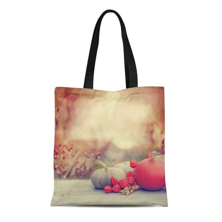 LADDKE Canvas Tote Bag Autumn Nature Fall Pumpkins and Apples on Wooden Rustic Reusable Shoulder Grocery Shopping Bags