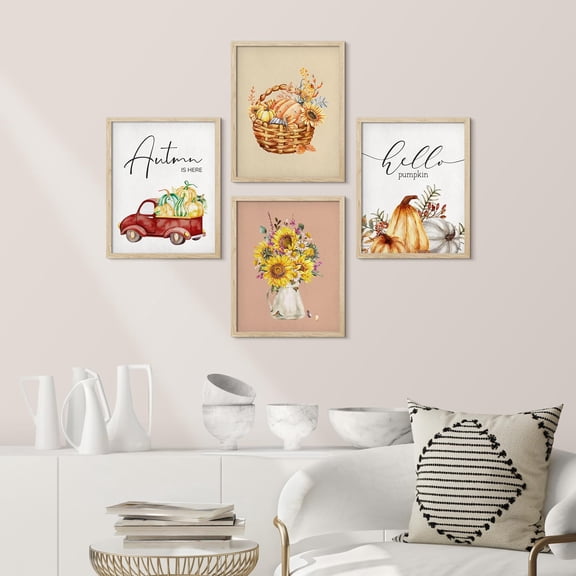 PixonSign Framed Wall Art Holidays Celebrations Posters, Set of 4 Autumn Pumpkin Harvest Sunflower Countryside Illustrations Wall Decor, Adhesive Canvas Prints for Home Decor - 11"x14" Natural