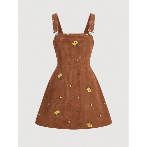 Brown Corduroy Floral Embroidered Pinafore Dress With Adjustable Straps And Front Pocket