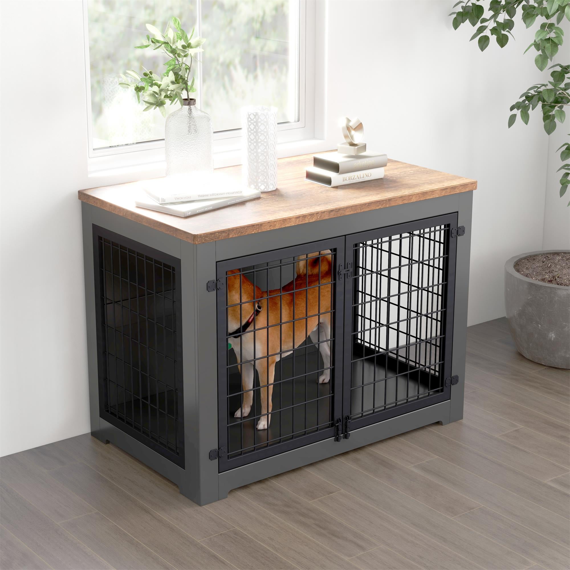 Pefilos 40" Wood Dog Crate Furniture with Door Lock and Double Doors, Indoor Decorative Iron Fence Dog Cage for Small Dogs, Black Pefilos 40" Wood Dog Crate Furniture with Door Lock and Double Doors, Indoor Decorative Iron Fence Dog Cage for Small Dogs, Black
