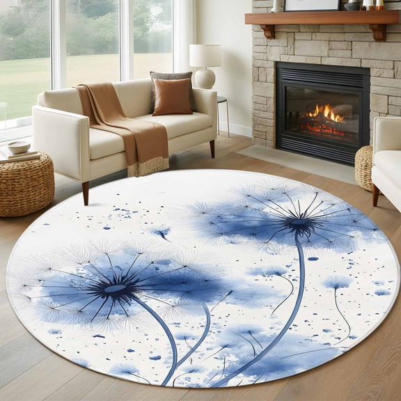 Blue Dandelion Round Rug 5ft Washable Circle Kitchen Rugs Non Slip Simple Pastoral Country Nature Flowers Large Area Rug Indoor Floor Carpet for Bedroom Living Room Home Office Dining Room Nursery