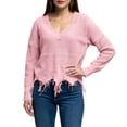thumbnail image 2 of Women's Fashion Tassel Ripped Solid Color Knitted Round Neck Pullover Sweater for Fall and Winter, Stylish and Unique, Perfect for Fashionable Wear,Pink,Size XL, 2 of 7